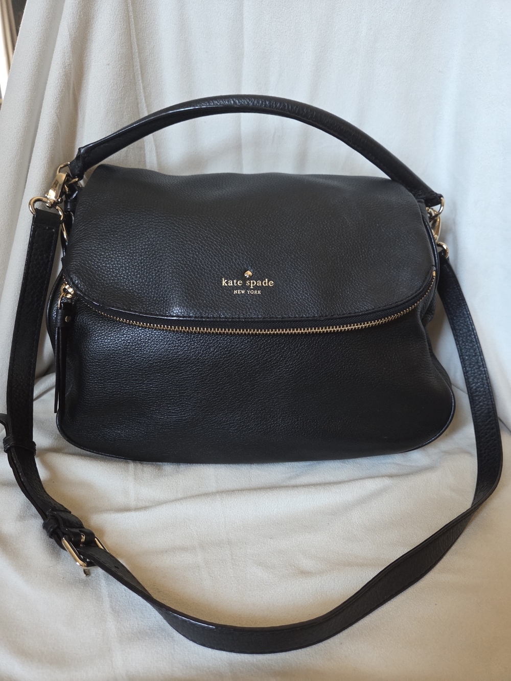 Kate Spade Black Pebbled Leather Zip Flap Shoulder Bag Crossbody